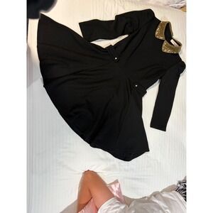 Cherry Style Black Fit and Flare Dress Gold Pearl Beaded Collar Long Sleeve L